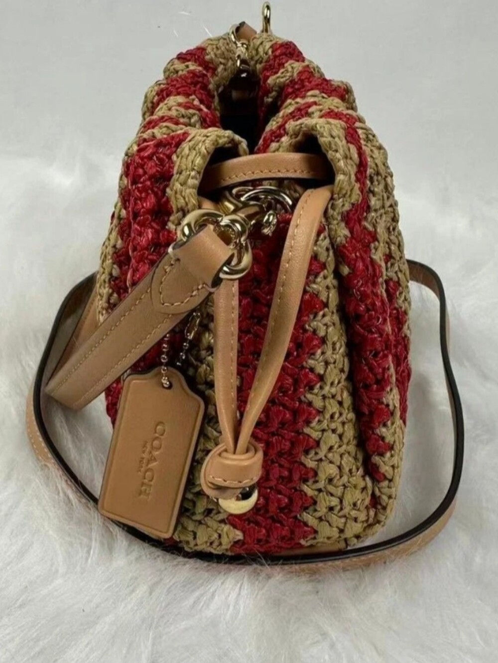 COACH Straw Faye Drawstring Shoulder/Crossbody bag Striped NWT - Picture 10 of 14